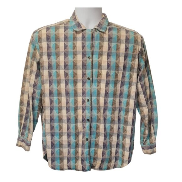 Vintage 80s Dockers Shirt Womens M Flannel Button Up Long Sleeve Aztec - Picture 1 of 10